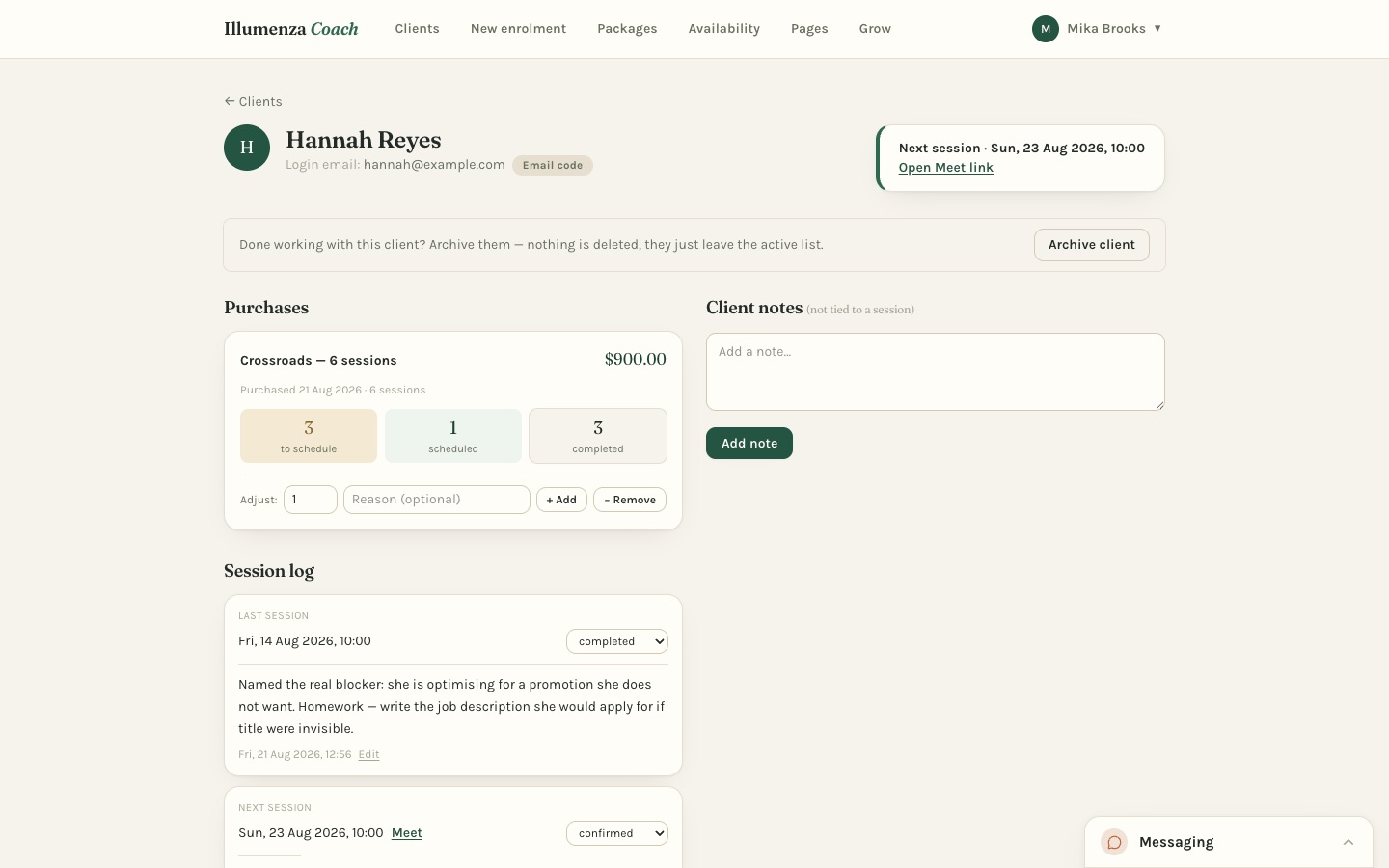 The Illumenza Coach client page, showing the next session with its join link, session balance, and a coach note on the last session
